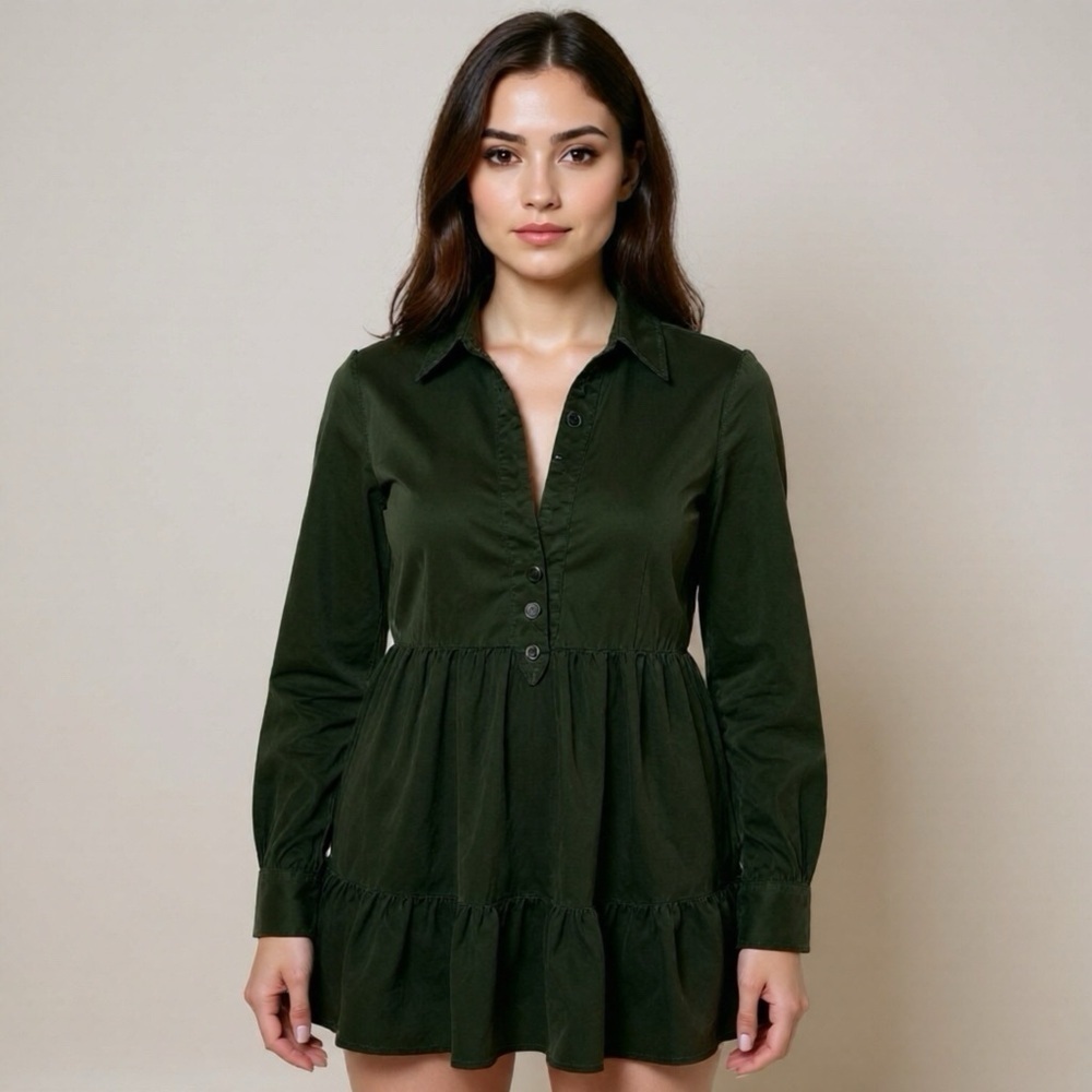Zara Dress Army Green Corduroy Tiered Small Long Sleeve Vneck Gold Button Fall